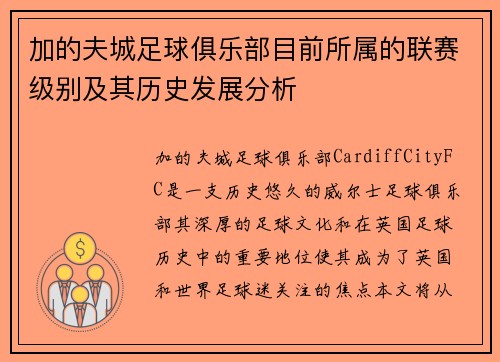 加的夫城足球俱乐部目前所属的联赛级别及其历史发展分析